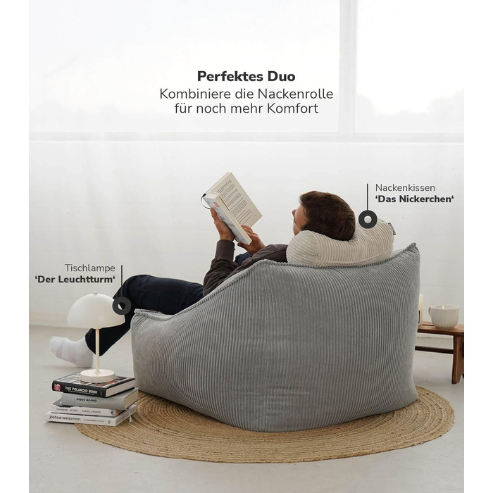 Крісло-мішок з вельвету mokebo The Loafer, XXL, крісло-мішок, вельветове крісло або крісло для відпочинку для вітальні та зимового саду, також як гігантське крісло-мішок розміром 83x73x60 (ШxВxГ у см) сірого кольору, тканина для крісла-мішка з вельвету сі