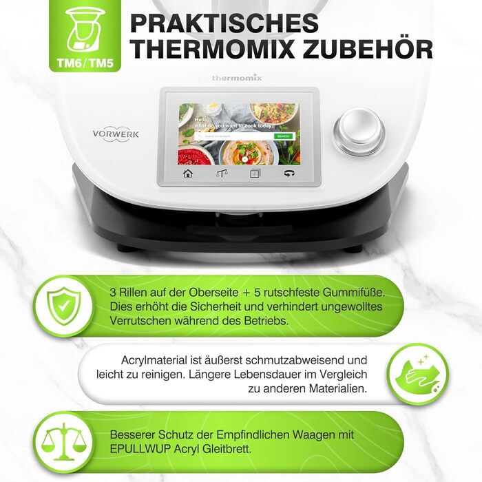 Розсувна дошка акрилова для Thermomix TM6 TM5, Переміщення без зусиль, Розсувна дошка Thermomix з ручкою для кухонного комбайна Thermomix Vorwerk TM5 TM6 Аксесуари Pad Board, глянцевий чорний