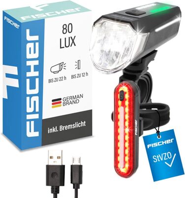 Комплект освітлення для велосипеда Fischer 80/40/20 люкс, комплект ліхтарів на батарейках, стоп-сигнал, передній та задній ліхтарі, з батарейками та функцією заряджання через USB, 3 функції освітлення, захист від бризок згідно з IP44, схвалено StVZO