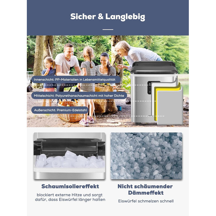 Машина для льоду з нержавіючої сталі з 2 розмірами кубиків льоду, 14 кг 24 шт. , самоочищення, 9 кубиків льоду за 6 хвилин, LED-дисплей, резервуар для води 2 л, льодогенератор із черпаком для льоду та кошиком, льодогенератор NORTHCLAN