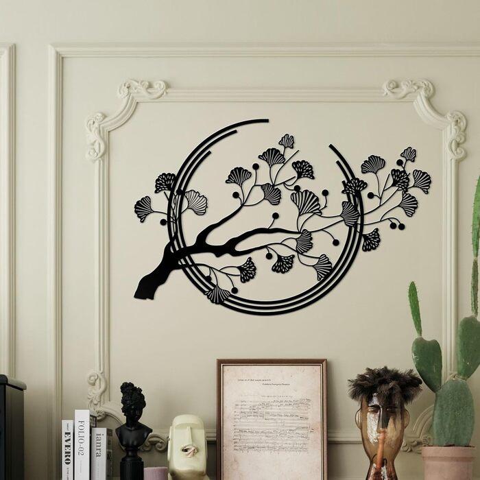 Великі металеві настінні картини з листя гінкго, чорне оздоблення стін підходить для вітальні, спальні, кабінету, офісу (чорний)