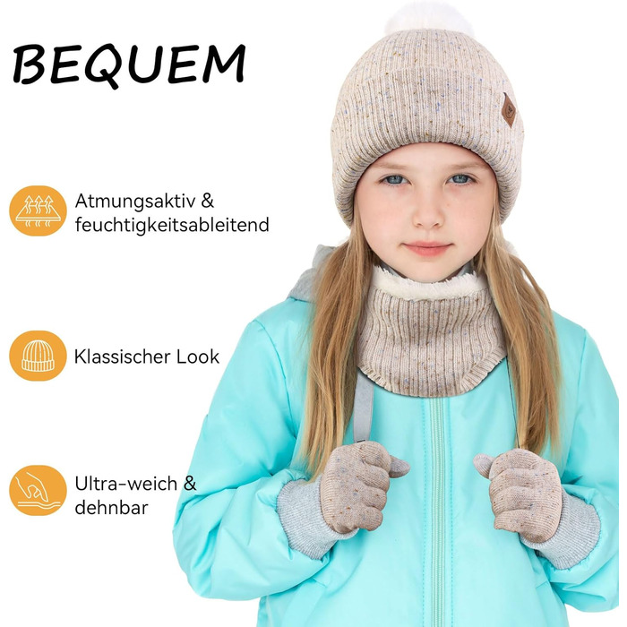 Дитячий зимовий комплект OZERO (6-12 років) - в&39язана шапка, шарф-петля, терморукавички з флісовою підкладкою, нековзні рукавички, теплий комплект із 3 предметів для хлопчиків та дівчаток, для ігор на вулиці та дитячого садка, бежевий