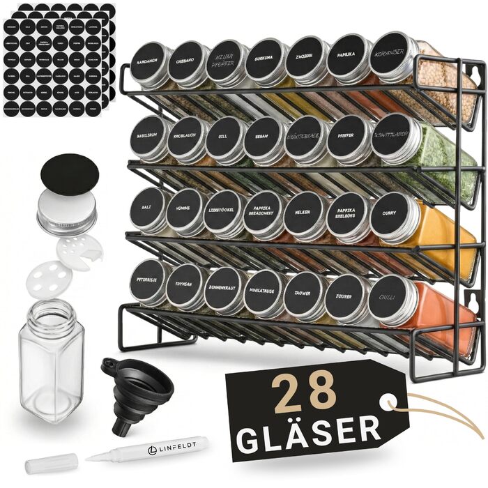 Підставка для спецій на 28 банок - 108 наклейок ручка шурупи для підвішування - Підставка для спецій на місці - Банки для спецій з полицею (спеції не входять до комплекту) - 34,5x25x11,5 см, Чорний