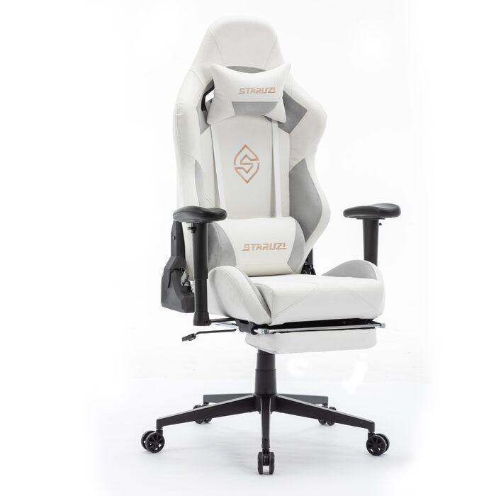 Ігрове крісло, біла шкіра, ігрове крісло з мікрофібри з підставкою для ніг, гоночне ігрове крісло з регульованими підлокітниками, поперекова подушка, підголівник, вантажопідйомність 180 кг, штучна замша - сталеві ніжки, білі