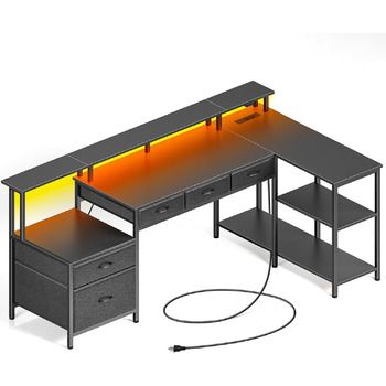 Г-подібний стіл Rolanstar з шухлядами, двосторонній ігровий стіл з розеткою, світлодіодним освітленням та підставкою для монітора, комп&39ютерний стіл 163 см для офісу, кабінету, спальні, чорний