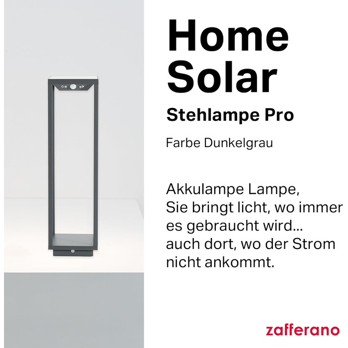 Сонячний торшер Zafferano Home Solar, бездротова підлогова лампа з сонячною панеллю та датчиком руху для вулиці, диммер, 3000 K, висота 50 см, темно-сірий