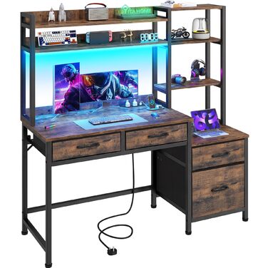 Комп&39ютерний стіл YITAHOME з шухлядами, кутовий комп&39ютерний стіл для домашнього офісу з місцем для зберігання та полицями, ігровий стіл-робоча станція зі світлодіодним освітленням та розетками, кутовий стіл, вінтажний коричневий