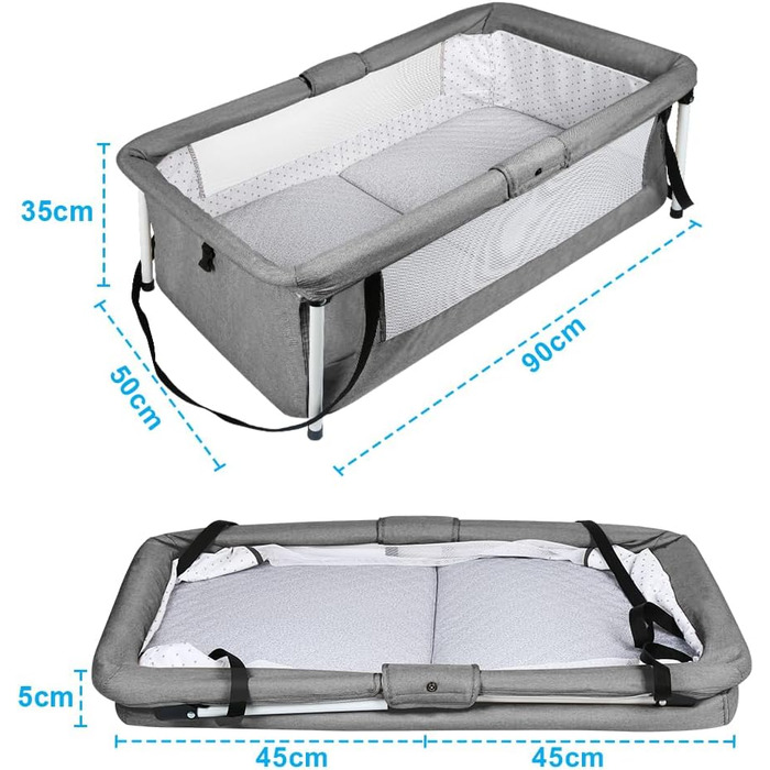 Дитяче ліжечко Homewell Baby Travel Cot, складне дитяче ліжечко з матрацом, портативний намет-ліжечко, оснащений москітною сіткою та іграшками, 90 x 50 см (у зібраному вигляді) / 45 x 50 см (складене) (сірий)
