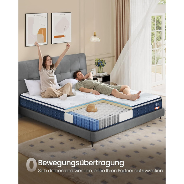 Матрац VASAGLE, 140 x 200 x 20 см, пружинний матрац з гелевої піни з ефектом пам&39яті, середньої жорсткості, H3, 7-зонна підтримка, ізоляція руху, дихаючий чохол, синій RMZ214QZ02 140 x 200 см 20 см