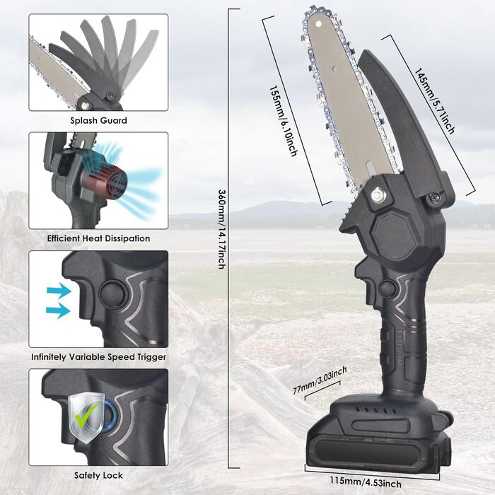 Одноручна бензопила з акумуляторами 2 * 1300mAh, 6 дюймова ручна бензопила з 2 ланцюгами, бензопила електрична для садових дерев обрізка ножиці різання дерева