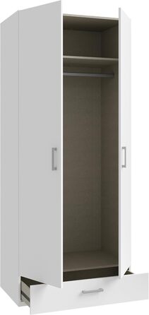 Гардероб Forte ECONOBOX 90, класична шафа з двома дверима-орнізаторами та 1 шухлядою, інженерна деревина, білий колір, ширина 88,9 см, висота 210,5 см, глибина 54,2 см. Білий матовий, 2-дверний з шухлядою.