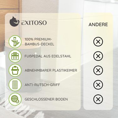 Відро для сміття для ванної Exitoso 5 л чорне - косметичне відро з бамбуковою дерев'яною кришкою та механізмом плавного закриття -