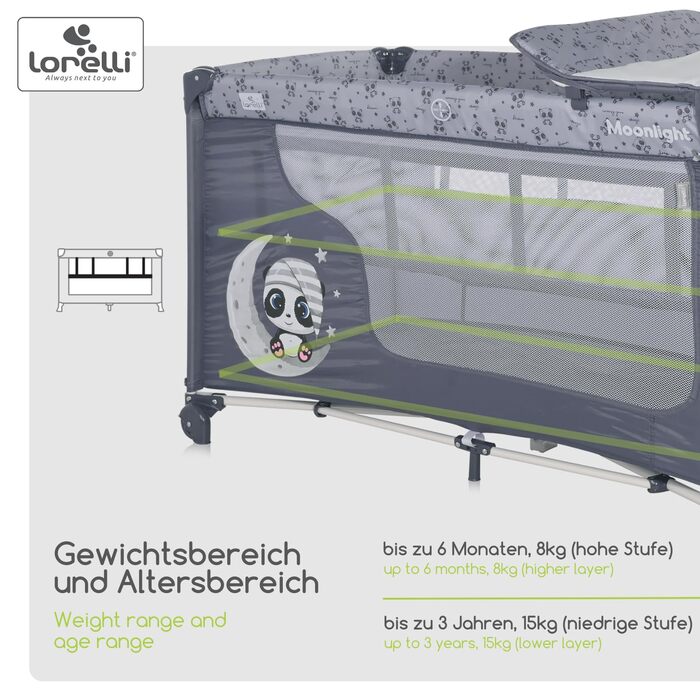Дитяче ліжечко та манеж Lorelli 3-в-1, Moonlight 2 рівні, бічний вхід, ліжечко з народження, дитяче ліжечко для подорожей, пеленальний килимок, колеса, сумка, сірий/світло-сірий