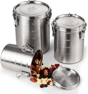 Контейнери для зберігання з нержавіючої сталі Nicelock, набір з 3 шт. , з кришками, герметичні кавові каністри, контейнери для зберігання продуктів, легкий та гігієнічний матеріал - набір з 3 предметів з нержавіючої сталі на 500 мл, 1000 мл та 1600 мл (52