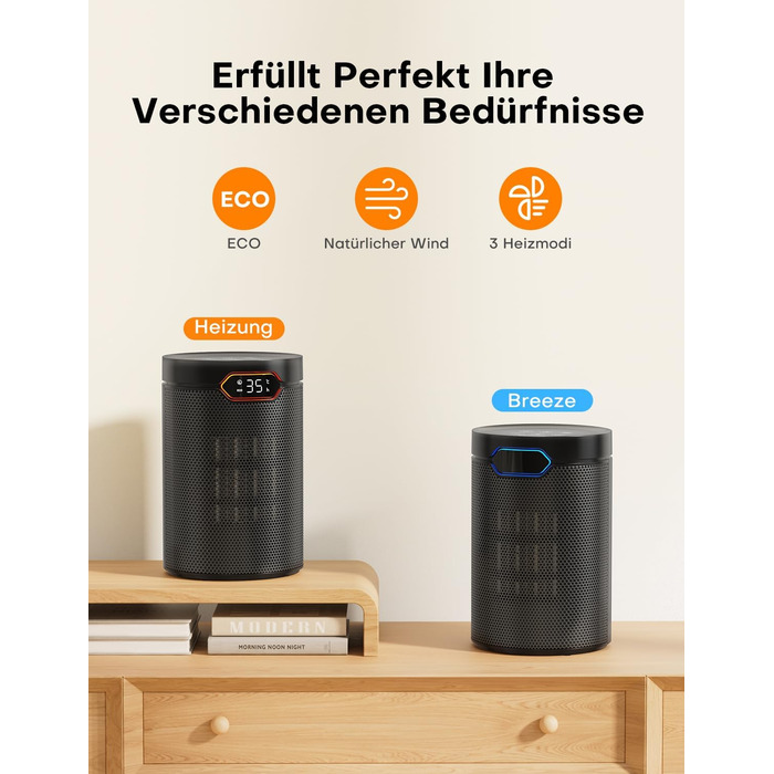 Тепловентиляторний обігрівач PTC потужністю 1500 Вт, енергозберігаючий з режимом ECO, 4 режими нагріву, режим бризу, термостат, 24-годинний таймер, пульт дистанційного керування, захист від перегріву та перекидання, портативний та тихий, для дому та офісу