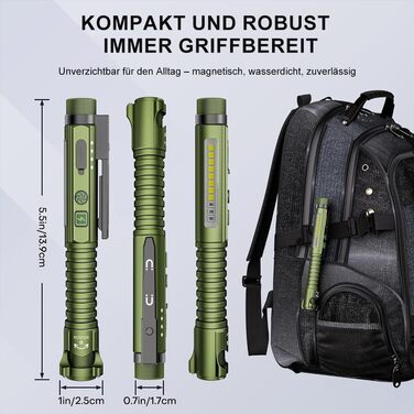 Акумуляторний світлодіодний ліхтарик ASORT, суперяскравий 2000 люмен, магнітний тактичний ліхтарик-ручка з затискачем, 10 режимів, маленький компактний УФ-ліхтарик, розбивач скла та відкривачка для пляшок, для надзвичайних ситуацій, кемпінгу та домашнього