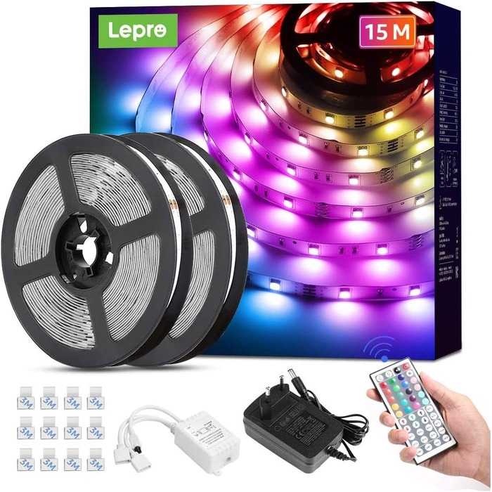 Набір світлодіодних стрічок Lepro RGB, 5050 SMD 150 світлодіодна стрічка, 12 В, світлодіодна стрічка самоклеюча, гнучка світлодіодна стрічка, світлодіодні струнні ліхтарі IP20, барвиста світлодіодна стрічка з регулюванням яскравості, блок живлення та конт