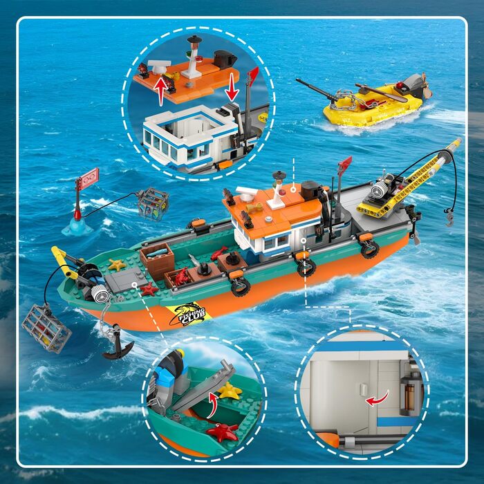 Конструктор HiWEEGO City Fishing Boat Shipyard Boat Construction Kit HG1047, 762 деталі, плавучий човен