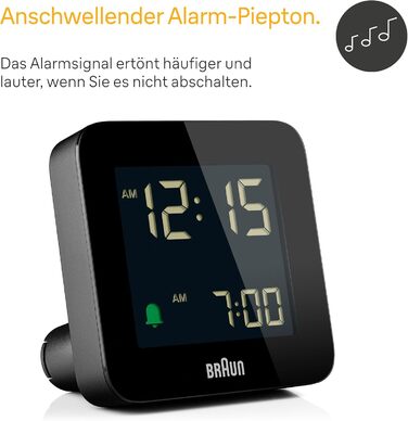 Цифровий будильник Braun з функцією повтору, негативним РК-дисплеєм, функцією швидкого налаштування, будильником Crescendo чорного кольору, модель BC09B. 1 упаковка