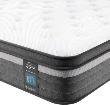 Матрац TeQsli з гелевими пружинами Pocket Spring 140x200 см, висота 25 см, жорсткість H3, ергономічний 9-зонний матрац, ортопедичний пружинний матрац з гелевою піною з ефектом пам&39яті, сертифікований Oeko-Tex та CertiPUR, 25 см, 140x200x25 см