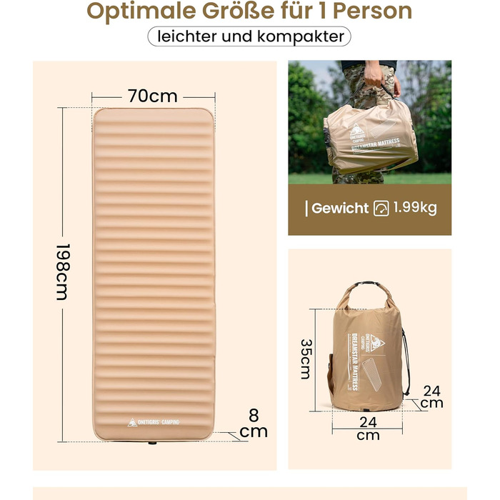 Самонадувальний надувний матрац OneTigris Dreamstar з високим коефіцієнтом опору, надувне ліжко для 1 особи, надувний матрац для гостей з мішком-насосом, для кемпінгу, подорожей та автомобіля (70 198 см) кольору койота