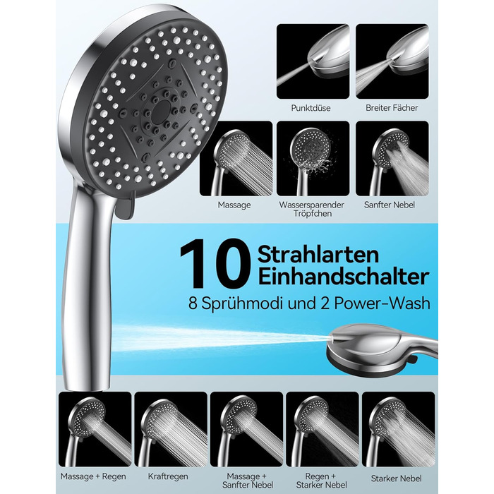 Лійка для душу високого тиску з 10 режимами, водозберігаюча душова лійка, лійка для підвищення тиску води, потужний струмінь для очищення ванни, плитки, домашніх тварин. Лійка для душу (10 режимів)