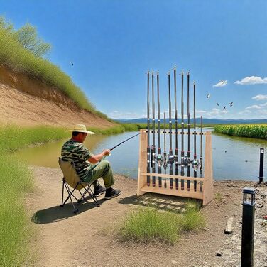 Дерев&39яний тримач для вудок на 10 вудок з кріпильними аксесуарами, 60 x 18 x 58 см, оригінальне дерево, підставка для вудок