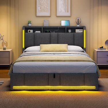 М&39яке двоспальне ліжко 140x200 з ящиком для зберігання, гідравлічне ліжко з місцем для зберігання зі світлодіодним освітленням та розетками, ліжко 140x200 см з узголів&39ям для зберігання, рейковий каркас, льон, темно-сірий (без матраца) 140 x 200 см те