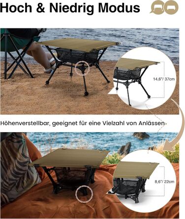 Складаний кемпінговий стіл OneTigris Dipper, складаний кемпінговий стіл з сумкою для перенесення та сітчастою кишенею, маленький надлегкий вуличний стіл для риболовлі та походів, 60 x 40 x 37 см, колір койот коричневий