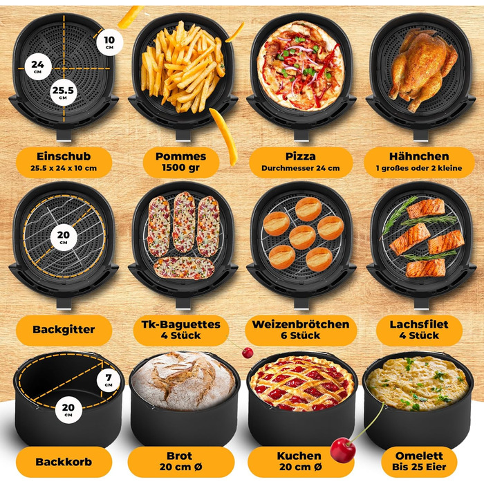 Фритюрниця Stillstern 6.5 л зі світлодіодним сенсорним екраном, 120 рецептів німецька, 10 програм, таймер 120 хв, розморожування та підтримання тепла, функція струшування, фритюрниця 1800 Вт XXL фритюрниця без олії Black New