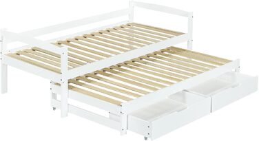 Диван-ліжко Merax 90x200 см, кушетка з 2 шухлядами, дитяче ліжко, функціональне ліжко з рейковою основою, висувне односпальне та двоспальне ліжко, каркас з масиву дерева, для дівчаток та хлопчиків, біле висувне ліжко 90 x 200 см