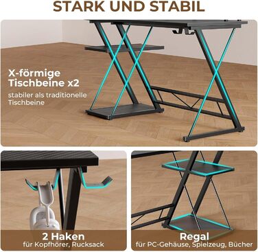 Ігровий стіл SEVEN WARRIOR зі світлодіодним освітленням та розетками, ігровий стіл з підставкою для монітора, комп&39ютерний стіл з 2 гачками, ідеально підходить для кабінету, спальні, вітальні, 100 x 47 x 87 см