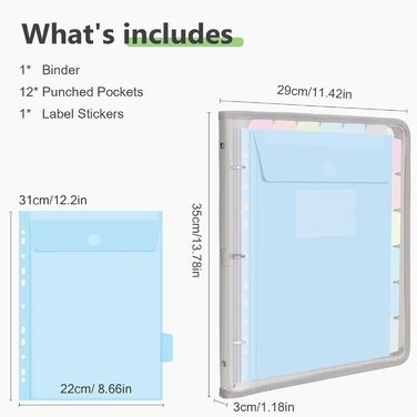 Папка-органайзер Uquelic, папка для документів A4 з 12 пластиковими кишенями для документів, водонепроникна папка з ПВХ на блискавці папка для школи, дому, офісу (сіра)