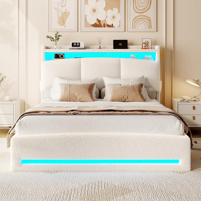 М&39яке ліжко 140x200 з розетками та світлодіодним освітленням, двоспальне ліжко з узголів&39ям для зберігання речей, ліжко 140x200 з гідравлічним металевим каркасом та дерев&39яною рейковою основою, букле, бежевий (без матраца) 140x200 см бежевий