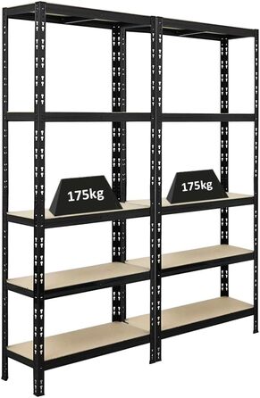 Міцний стелаж Apollo ВxШxГ 180x75x30 см Навантаження на полицю 175 кг Чорний Підвальний стелаж, стелаж без болтів, гаражний стелаж, комплект стелажів для зберігання з 2 предметів - 180x75x30 см Чорний, 2 шт.