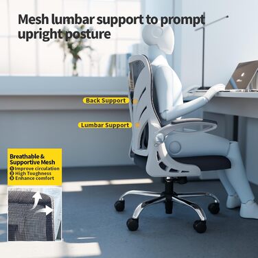 Ергономічне офісне крісло зі складною спинкою, письмове крісло з подовженим сидінням (52 см), відкидними підлокітниками та сітчастою поперековою опорою, обертове крісло, комп&39ютерне крісло, білий колір