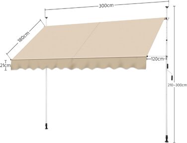 Тент Yaheetech із затискачем, шириною 300 см, для балкону, з ручним приводом, захистом від сонця без свердління, регульованою висотою та каркасом, бежевий, бежевий, 300 см