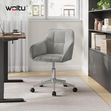 Крісло для домашнього офісу WOLTU, стілець для столу, обертове крісло, туалетний стілець, регульована висота, вантажопідйомність до 150 кг, з підлокітниками, оксамитове сидіння, для спальні, офісу, вітальні, світло-сірий BS145hgr світло-сірий оксамит