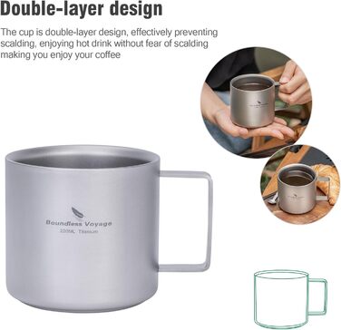 Мл титанова кавова чашка, міні-кухоль з подвійними стінками для еспресо, чаю, кемпінгу та подорожей, міцна, легка, портативний посуд для напоїв, Ti3052D (піскоструйна обробка), сірий, 220