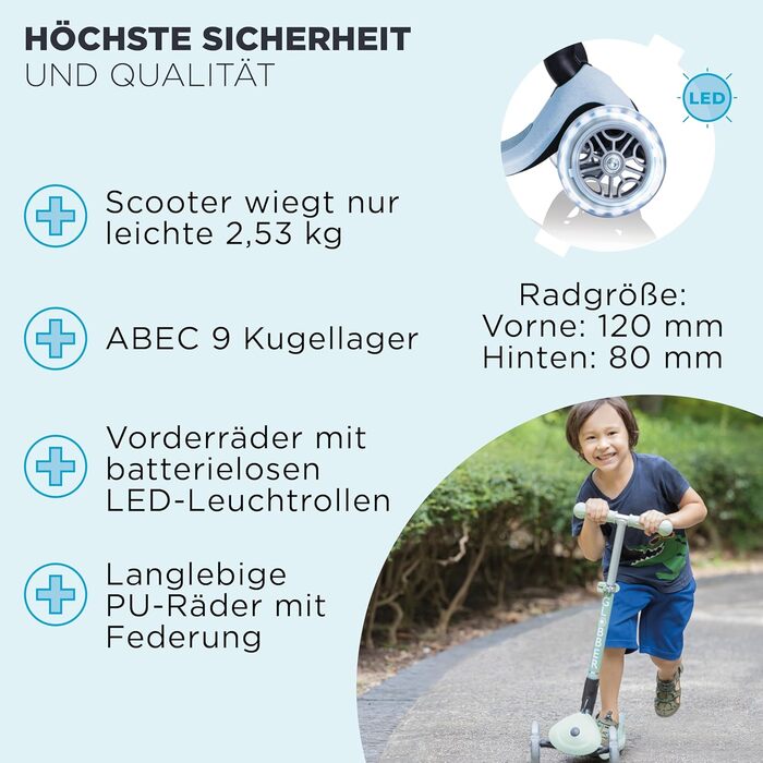 Складаний самокат GLOBBER JUNIOR Foldable Lights ECO Tretroller, 120/80 мм, ABEC 9, 3 колеса, LED-підсвітка, колір Blueberry