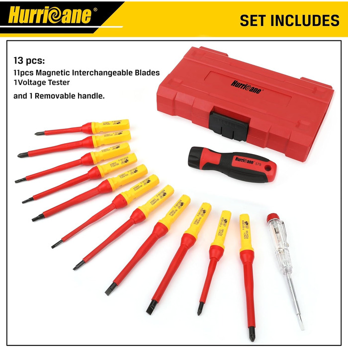 Набір викруток HURRICANE 13 предметів, ізольований 1000 В, Cr-V з магнітними наконечниками. 4 плоскі, 2 хрестоподібні, 2 Pozidriv, 3 Torx-біти, 1 індикатор напруги та 1 ручка. Ідеально підходить для професійного ремонту.