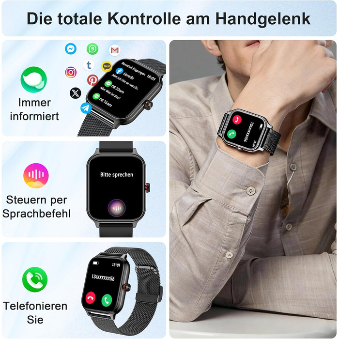 Розумний годинник для чоловіків та жінок, функція телефону, артеріальний тиск, пульс, сон, 1.96-дюймовий фітнес-годинник зі штучним інтелектом, понад 100 спортивних режимів, водонепроникність IP67, крокомір, будильник, калькулятор, візитна картка, iOS/And