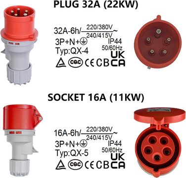 Перехідник CEE з вилки 32A на розетку 16A із захисною кришкою, 3 фази, 5 контактів, водо- та пилозахист IP44, портативний, підходить для промислового та приватного використання (32-16)