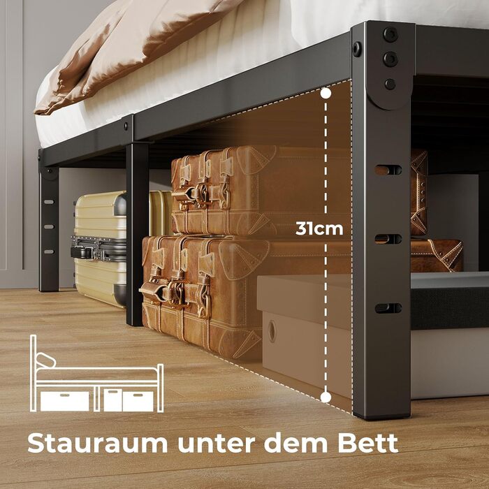 Каркас ліжка Rolanstar 180x200 см, двоспальне ліжко з функцією зберігання та міцними сталевими ламелями, легке складання, 31 см місця для зберігання під ліжком, металеве ліжко для спальні/гостьової кімнати 180 x 200 см