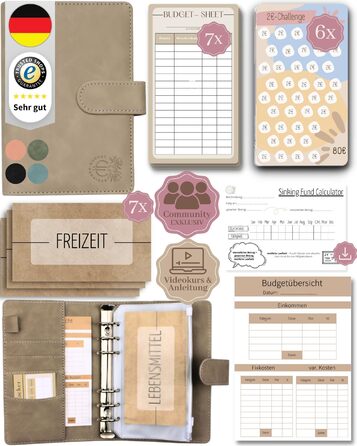 Планувальник бюджету BeginnerBudget німецькою мовою - Стартовий набір із завданням заощаджень Планувальник бюджету - Заощадження за допомогою методу конвертів Інструкції - Папка-кільце A6 - Замшевий стиль (сірий)