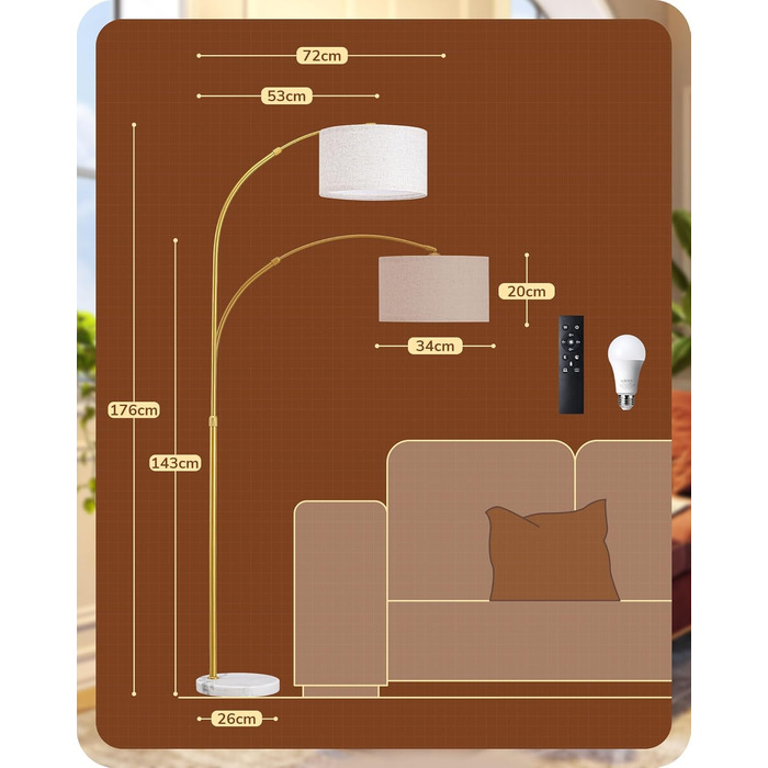 Торшер для вітальні, світлодіодний торшер з пультом дистанційного керування, плавне регулювання яскравості та колірної температури, регулювання висоти 143-176 см, поворотна головка лампи, торшер E27 золотий
