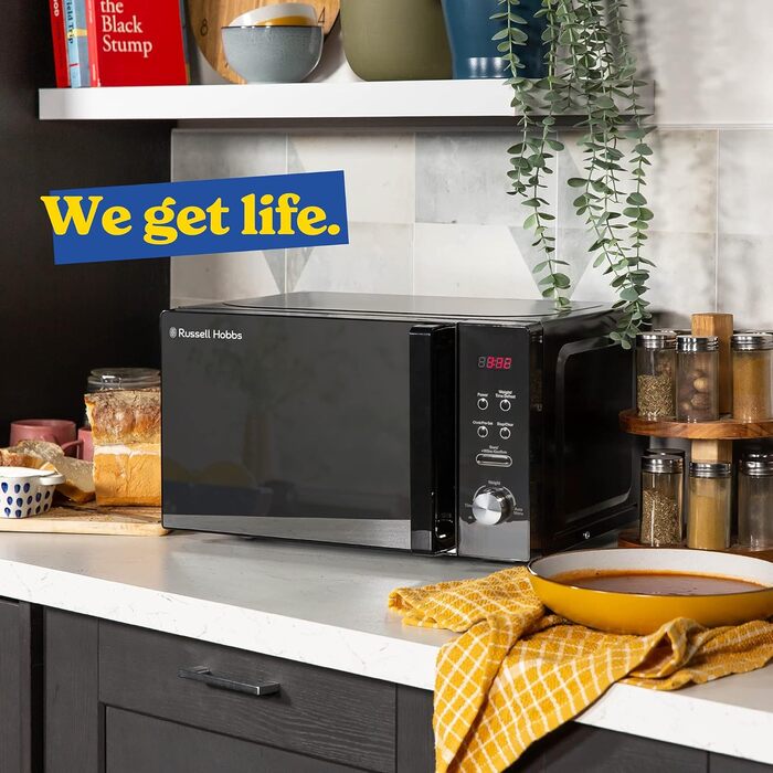 Мікрохвильова піч Russell Hobbs RHM2076B 20 літрів 800 Вт чорна соло з 5 рівнями потужності, автоматичним розморожуванням, 8 автоматичними меню приготування, годинником і таймером, легке очищення 20 л цифрове