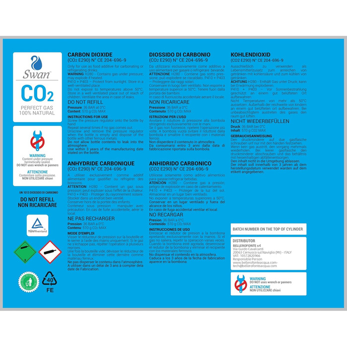 Одноразова циліндрична пляшка Swan CO2 600 гр E290 З'єднання для вуглекислого газу 11 м для виробників газованої води, охолоджувальних установок та диспенсерів для питної води, 6 шт.