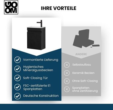 Набір гостьового туалету GOOM 40 см Меблі для ванної кімнати Попередньо зібраний невеликий умивальник з нижньою тумбою (умивальник, чорний)