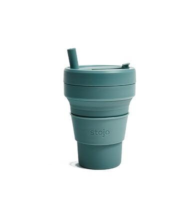 Складана кавова кружка STOJO On-The-Go Biggie з кришкою, 473 мл, багаторазова та складна силіконова дорожня кружка, портативна, кишеньковий розмір, можна мити в посудомийній машині, евкаліпт